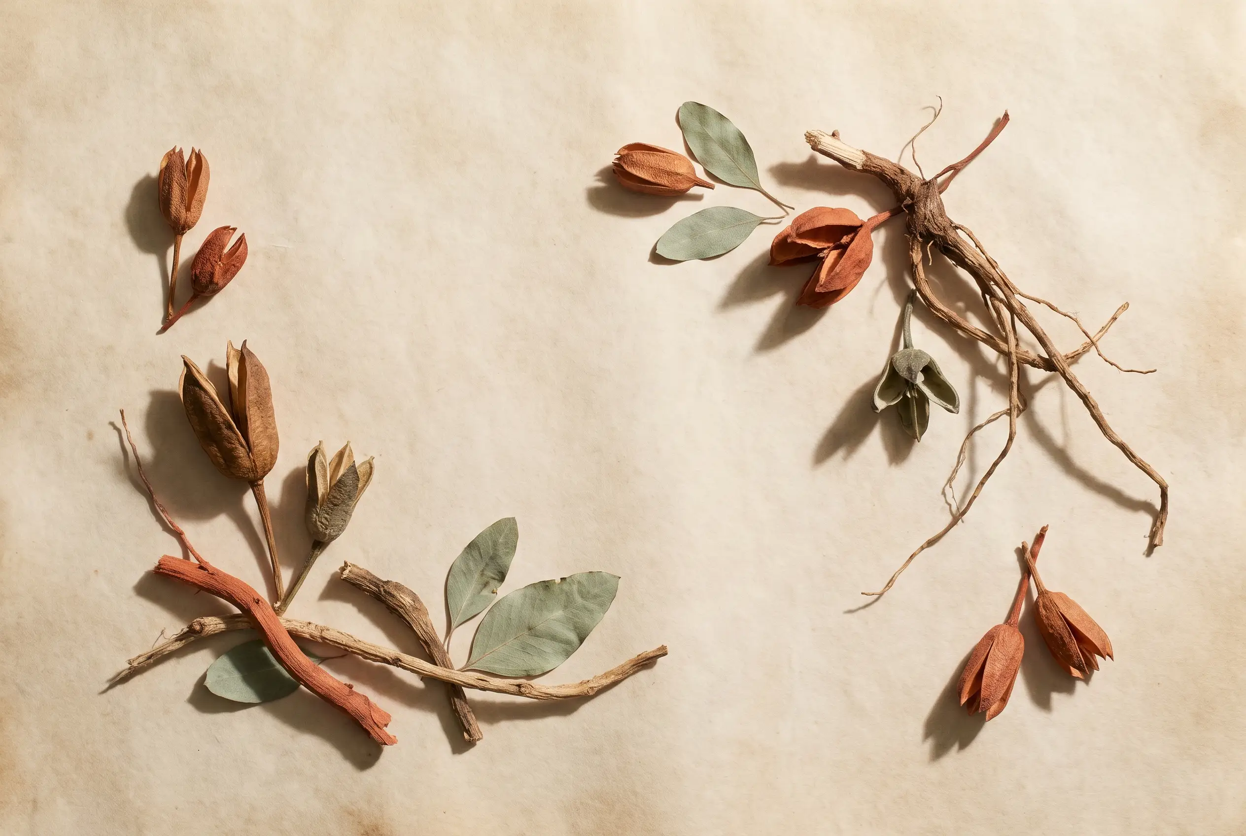 Dried botanical roots and leaves arranged on parchment paper